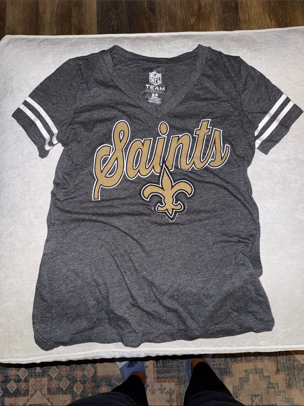 NFL Saints Women's Gray V-Neck Tee with Gold Accent Script